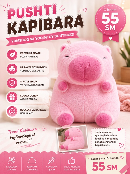 Trend Pushti Kapibara Plush O'yinchog'i – Yumshoq Sovg'a 55 sm