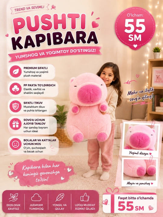 Trend Pushti Kapibara Plush O'yinchog'i – Yumshoq Sovg'a 55 sm