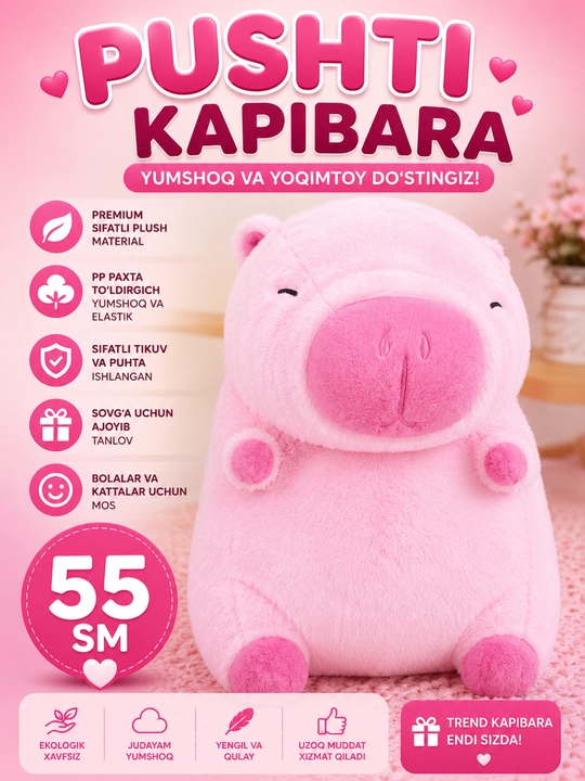Trend Pushti Kapibara Plush O'yinchog'i – Yumshoq Sovg'a 55 sm - 