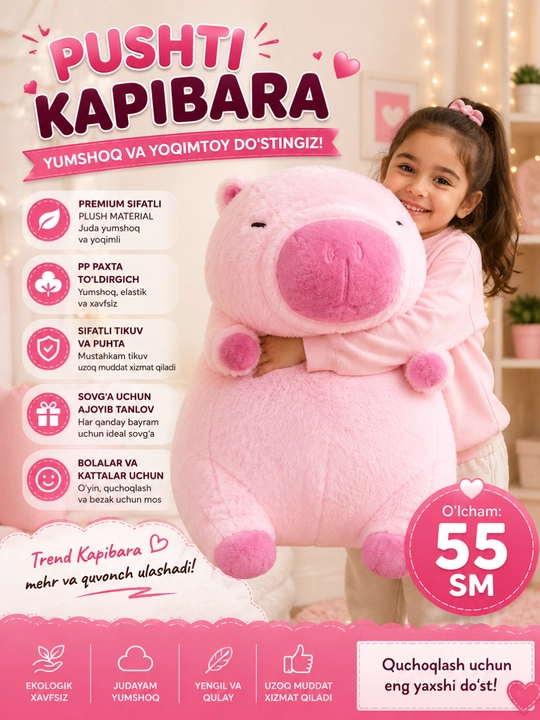 Trend Pushti Kapibara Plush O'yinchog'i – Yumshoq Sovg'a 55 sm