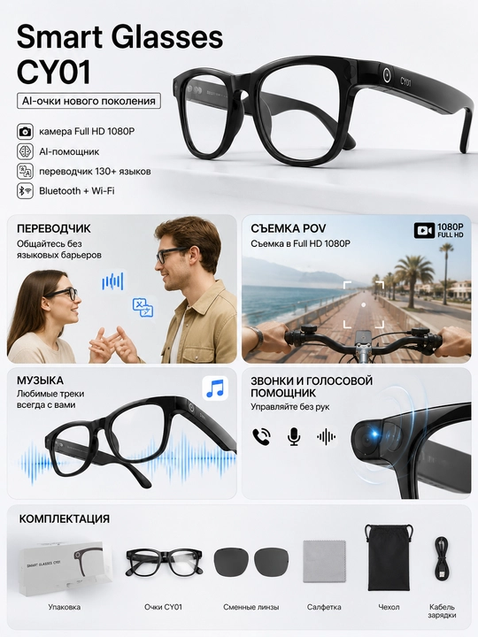 Умные очки CY01 с ИИ, Bluetooth, HD-камера, водозащита - 