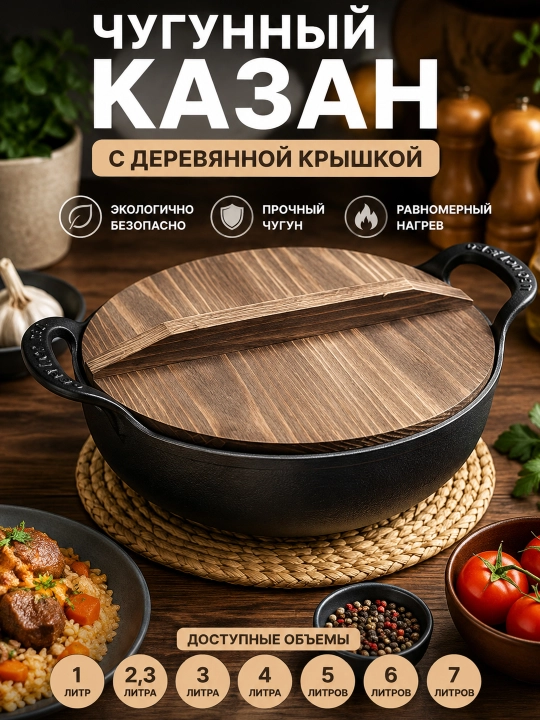 Yog‘och qopqoqli cho‘yan qozon, palov va dimlama uchun, 1–7 litr - 