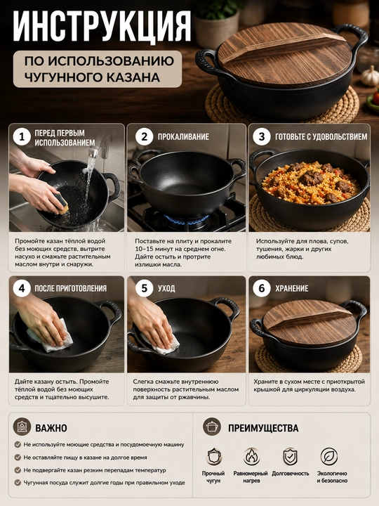 Чугунный казан с деревянной крышкой, для плова и тушения, 1–7 литров