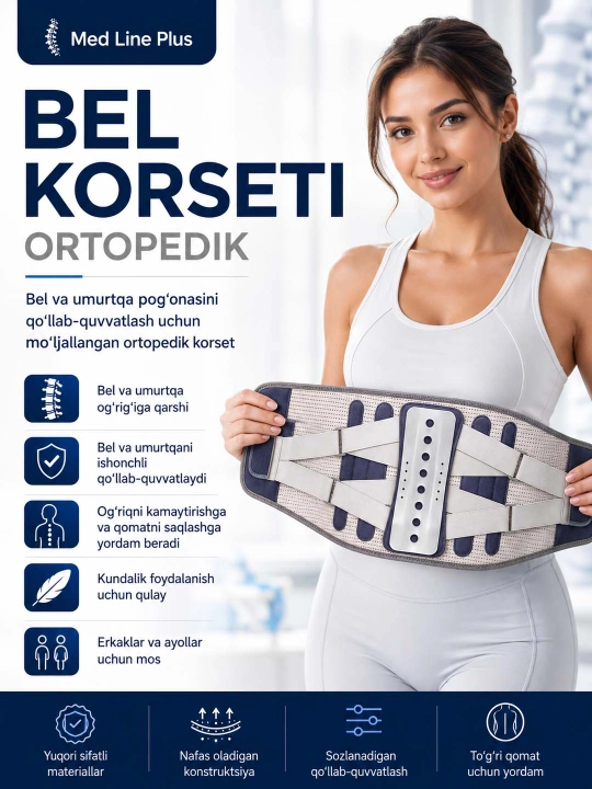 Ortopedik korset. Bel uchun tayanch kamar umurtqa pog'onasini tiklash uchun uniseks korset