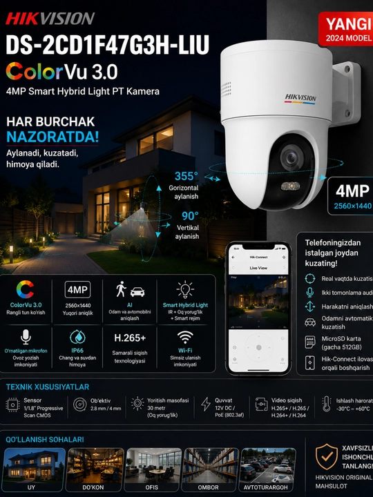 Hikvision DS-2CD1F47G3H-LIU 4MP ColorVu 3.0 PT IP Kuzatuv Kamerasi - 