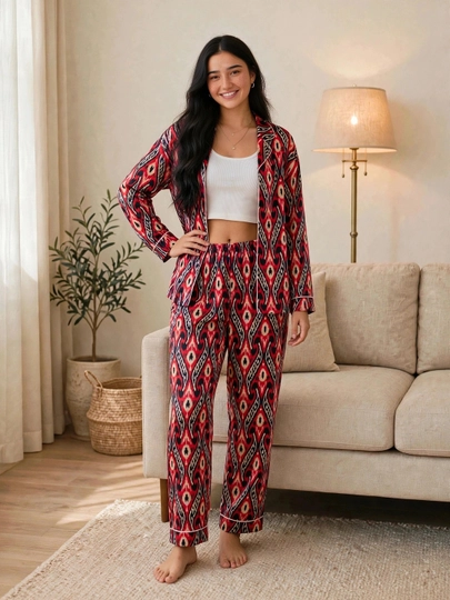 SAMY STORE milliy adras ayollar pijamasi - Atlas pijama to‘plami