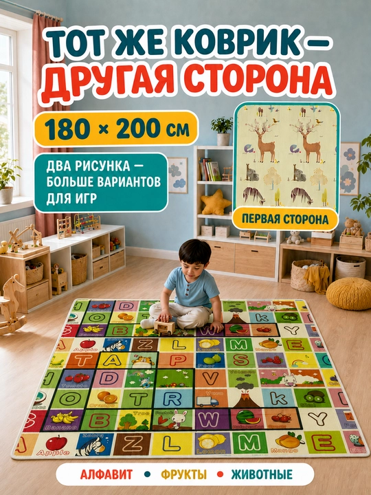 Bolalar emaklashi uchun rivojlantiruvchi, buklanadigan, ikki tomonlama, 180×200 sm o‘lchamli gilamcha