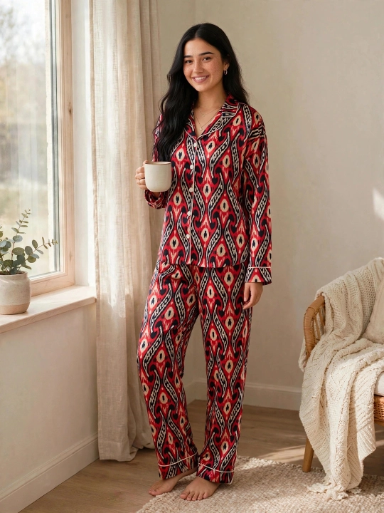 SAMY STORE milliy adras ayollar pijamasi - Atlas pijama to‘plami