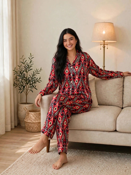 SAMY STORE milliy adras ayollar pijamasi - Atlas pijama to‘plami