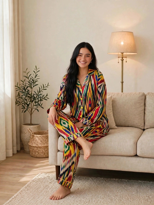 SAMY STORE milliy adras ayollar pijamasi - Atlas pijama to‘plami