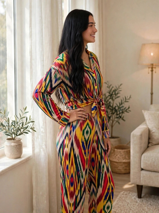 SAMY STORE milliy adras ayollar pijamasi - Atlas pijama to‘plami