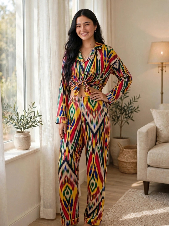 SAMY STORE milliy adras ayollar pijamasi - Atlas pijama to‘plami