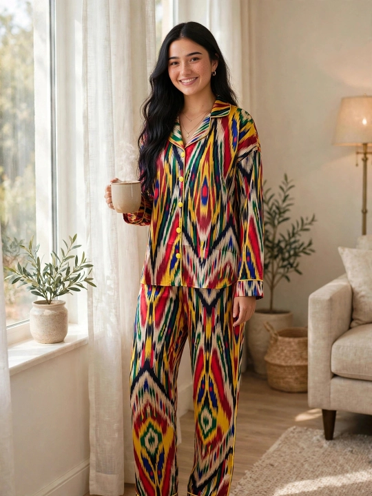 SAMY STORE milliy adras ayollar pijamasi - Atlas pijama to‘plami