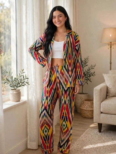 SAMY STORE milliy adras ayollar pijamasi - Atlas pijama to‘plami