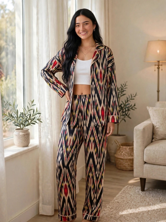 SAMY STORE milliy adras ayollar pijamasi - Atlas pijama to‘plami