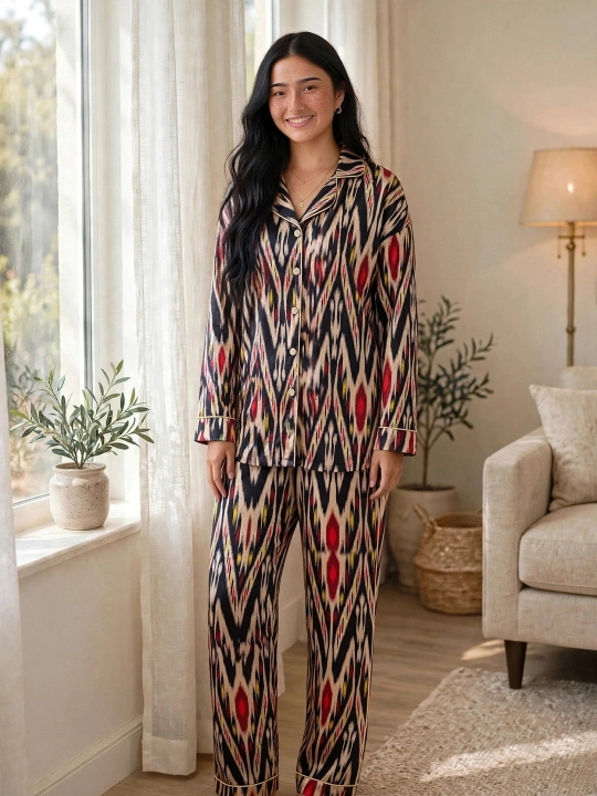 SAMY STORE milliy adras ayollar pijamasi - Atlas pijama to‘plami