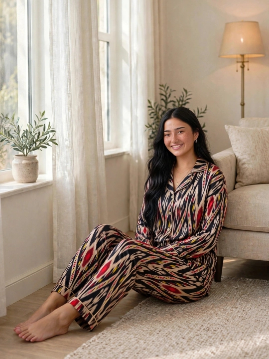 SAMY STORE milliy adras ayollar pijamasi - Atlas pijama to‘plami