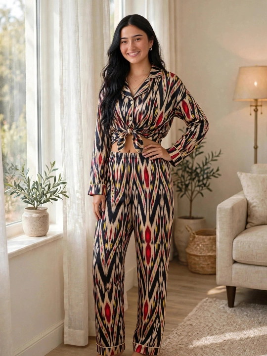 SAMY STORE milliy adras ayollar pijamasi - Atlas pijama to‘plami