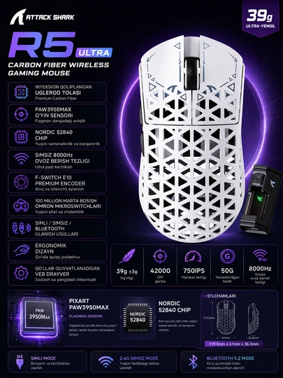 Игровая мышь ATTACK SHARK R5 Ultra Carbon Fiber Wireless 8K PAW3950MAX - 