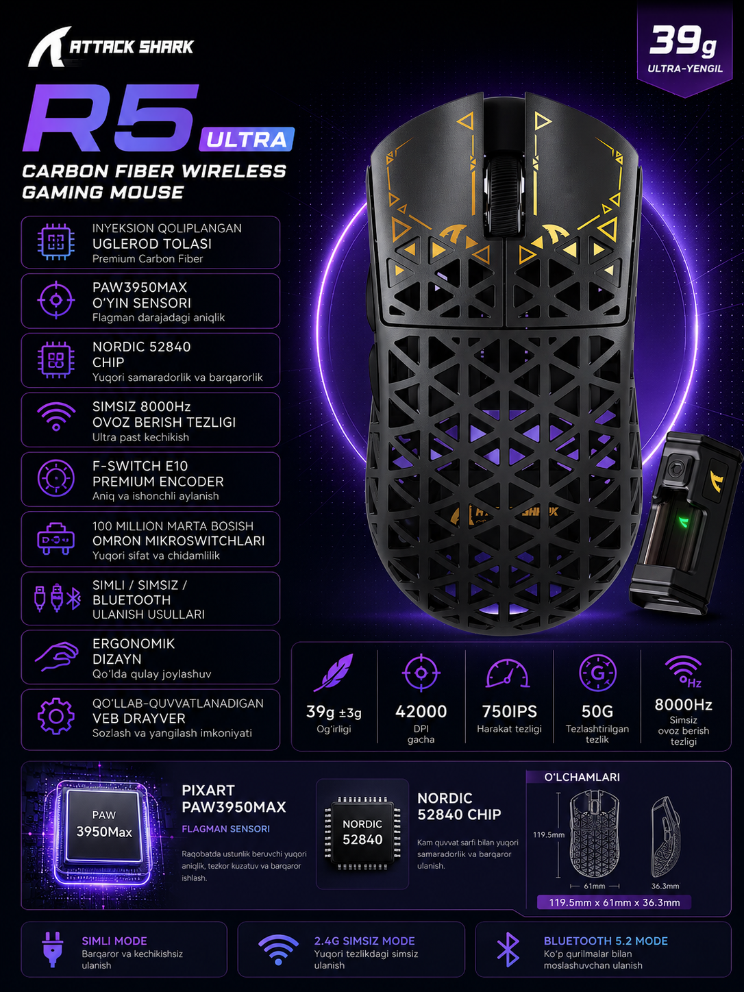 Игровая мышь ATTACK SHARK R5 Ultra Carbon Fiber Wireless 8K PAW3950MAX - 
