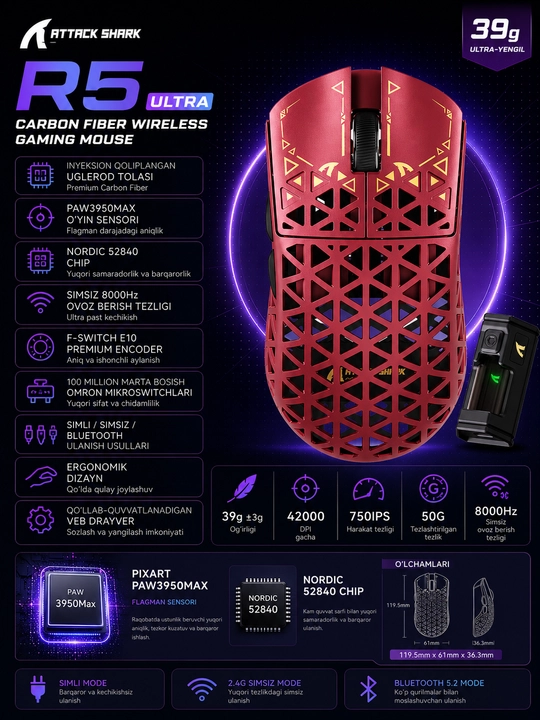 Игровая мышь ATTACK SHARK R5 Ultra Carbon Fiber Wireless 8K PAW3950MAX - 