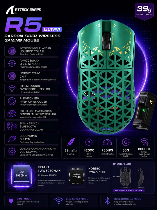 Игровая мышь ATTACK SHARK R5 Ultra Carbon Fiber Wireless 8K PAW3950MAX - 