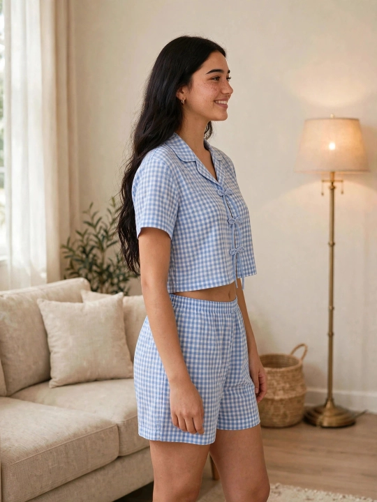 Ayollar uchun Yozgi Pijama - Katakli Shortik va 3 ta Bantikli Crop Top - SAMY STORE
