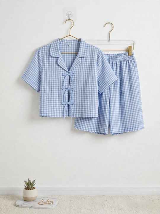 Ayollar uchun Yozgi Pijama - Katakli Shortik va 3 ta Bantikli Crop Top - SAMY STORE