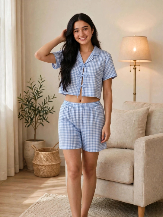 Ayollar uchun Yozgi Pijama - Katakli Shortik va 3 ta Bantikli Crop Top - SAMY STORE