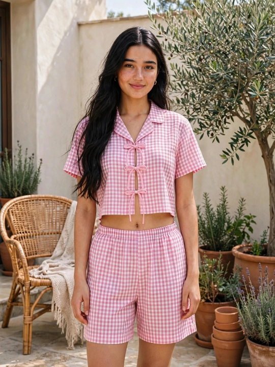 Ayollar uchun Yozgi Pijama - Katakli Shortik va 3 ta Bantikli Crop Top - SAMY STORE