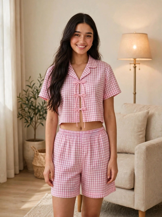 Ayollar uchun Yozgi Pijama - Katakli Shortik va 3 ta Bantikli Crop Top - SAMY STORE