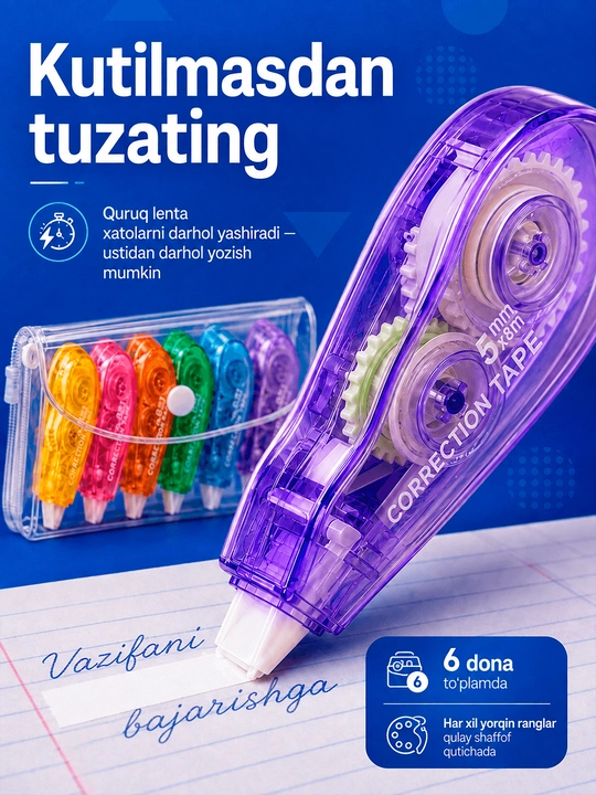 Tuzatuvchi lenta-shtrix, maktab va ofis uchun quruq korrektor