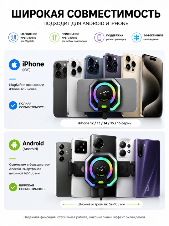 HK-5 Pro Кулер для телефона, охлаждение до -17°C, RGB, дисплей, Android и iPhone