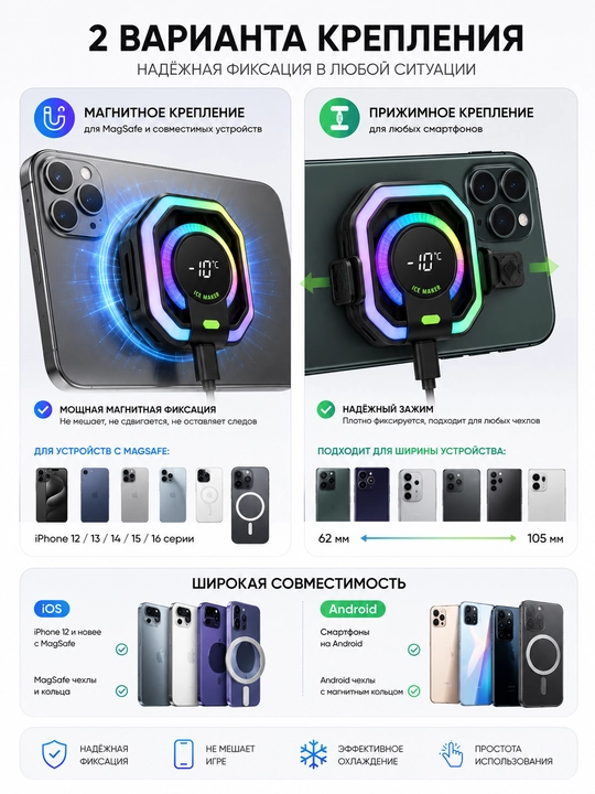 HK-5 Pro Кулер для телефона, охлаждение до -17°C, RGB, дисплей, Android и iPhone