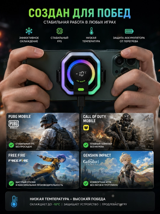 HK-5 Pro Кулер для телефона, охлаждение до -17°C, RGB, дисплей, Android и iPhone