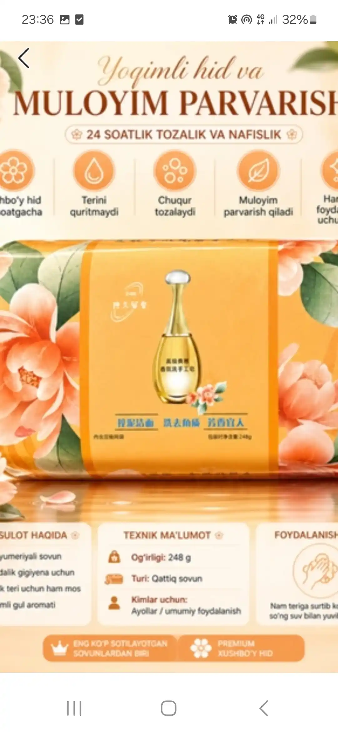 Tabiiy xushbo‘y kosmetik sovun - mayin ifor va mukammal tozalikning uyg‘unligi