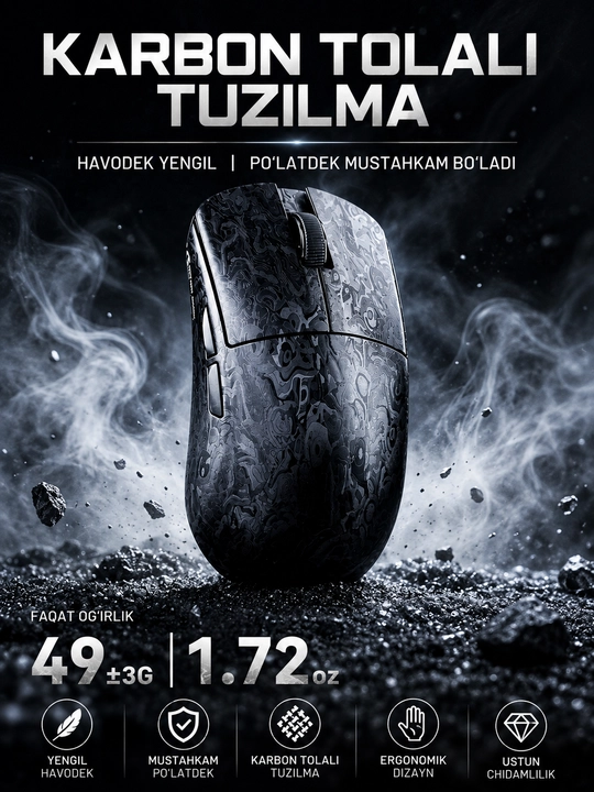 ATTACK SHARK R11 ULTRA Uglerod tolali simsiz 8K PAW3950MAX o'yin sichqonchasi