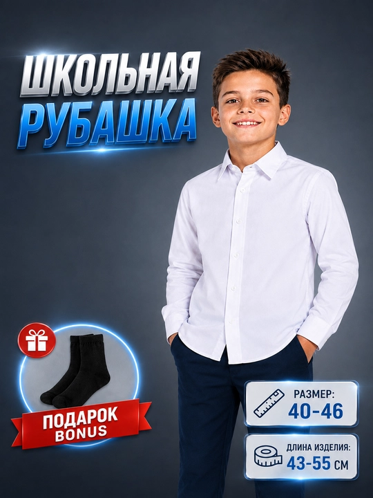 Школьные рубашки с длинным и коротким рукавом для мальчиков (5–9-е классы, размеры 46–52) - 