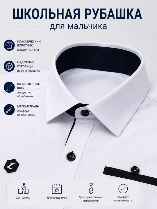 Школьные рубашки с длинным и коротким рукавом для мальчиков (5–9-е классы, размеры 46–52)