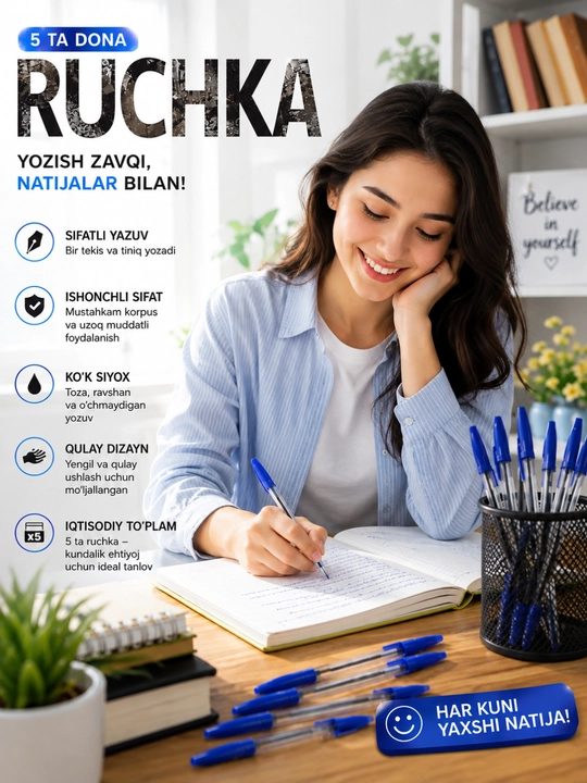 Ko'k ruchka, sharikli ruchka, 5 dona ruchka, yozuv ruchkasi, maktab ruchkasi, ofis uchun 