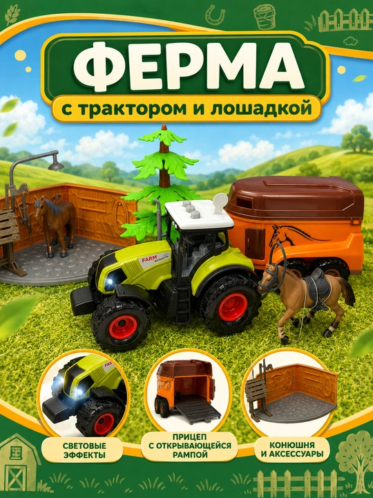 O'yinchoq ferma to'plami traktor, tirkama va otcha bilan, yoritiladigan traktor - 