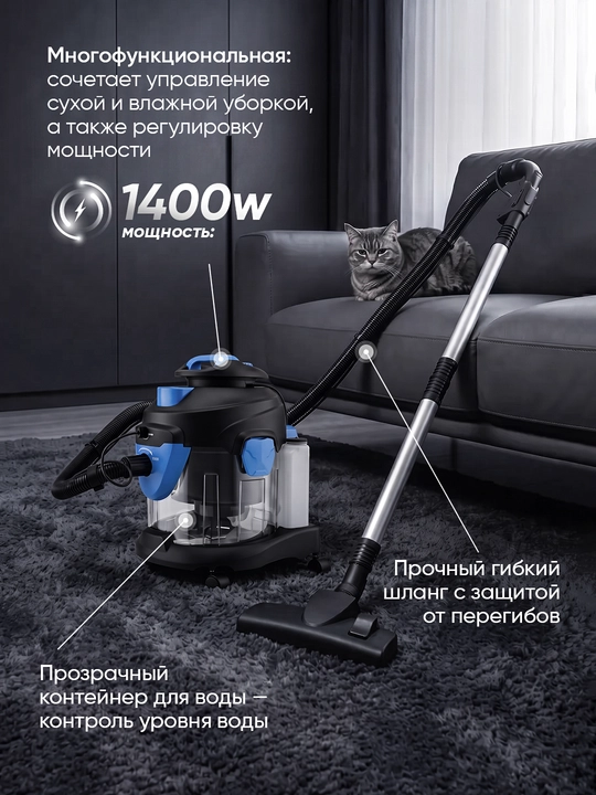 Моющий пылесос Sofaner 4 в 1, сухая и влажная уборка, HEPA-фильтр, бак 15 л