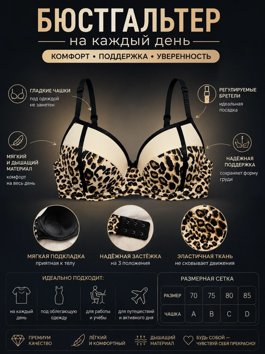 Бюстгальтер женский Push Up с леопардовым принтом, на косточках, 70A–85D