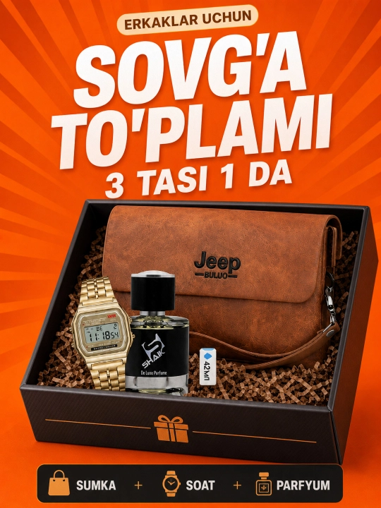 Erkaklar uchun sovg'a to'plami 3 tasi 1 da: sumka, soat va atir 2026