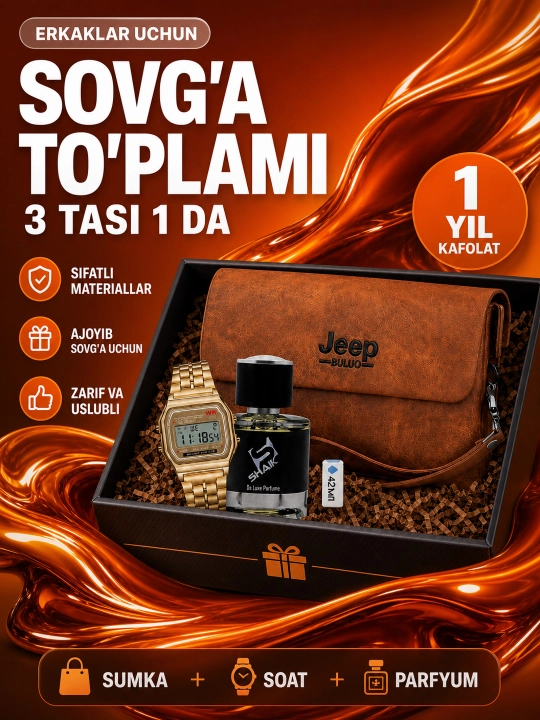 Erkaklar uchun sovg'a to'plami 3 tasi 1 da: sumka, soat va atir 2026