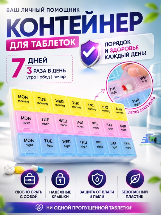 Таблетница контейнер, для хранения таблеток на неделю, 14, 21, 28 ячеек - 