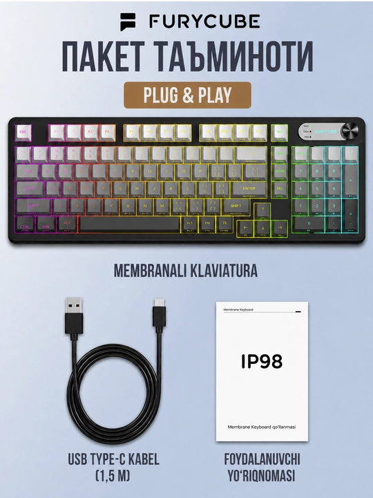 FURYCUBE IP98 o‘yin klaviaturasi RU/EN klaviaturasi, 98 ta tugma