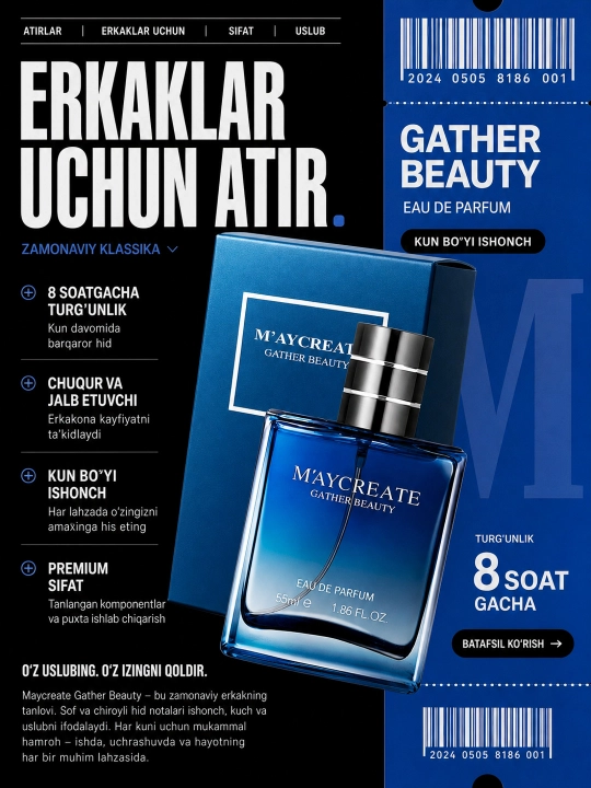 M’AYCREATE 55 ml erkaklar parfyumeriyasi, barqaror ifor va erkaklar uchun sovg‘a