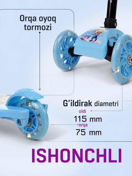 Uch g‘ildirakli bolalar samoketi, g‘ildiraklari yorug‘lanuvchi, rulini sozlash mumkin