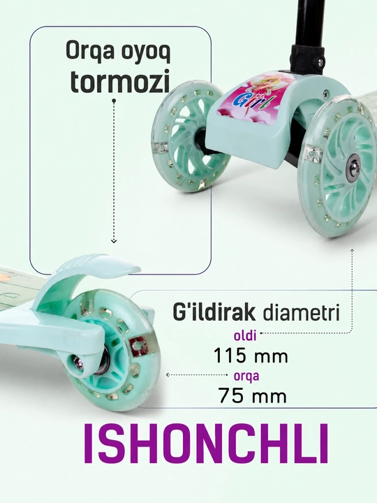 Uch g‘ildirakli bolalar samoketi, g‘ildiraklari yorug‘lanuvchi, rulini sozlash mumkin